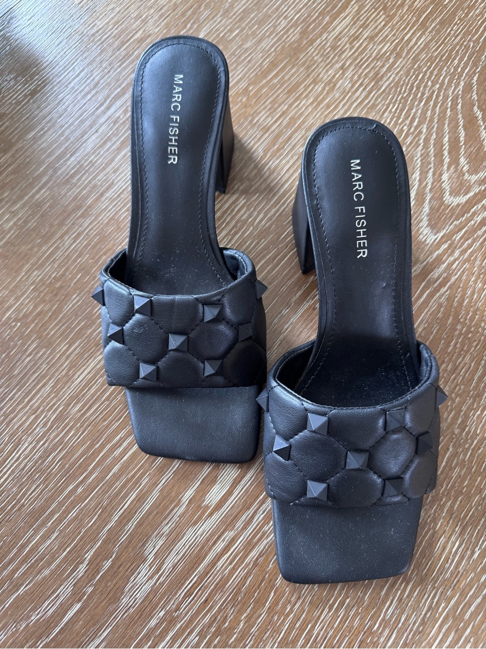 Marc Fisher Black Studded Square-Toe Slide Mules